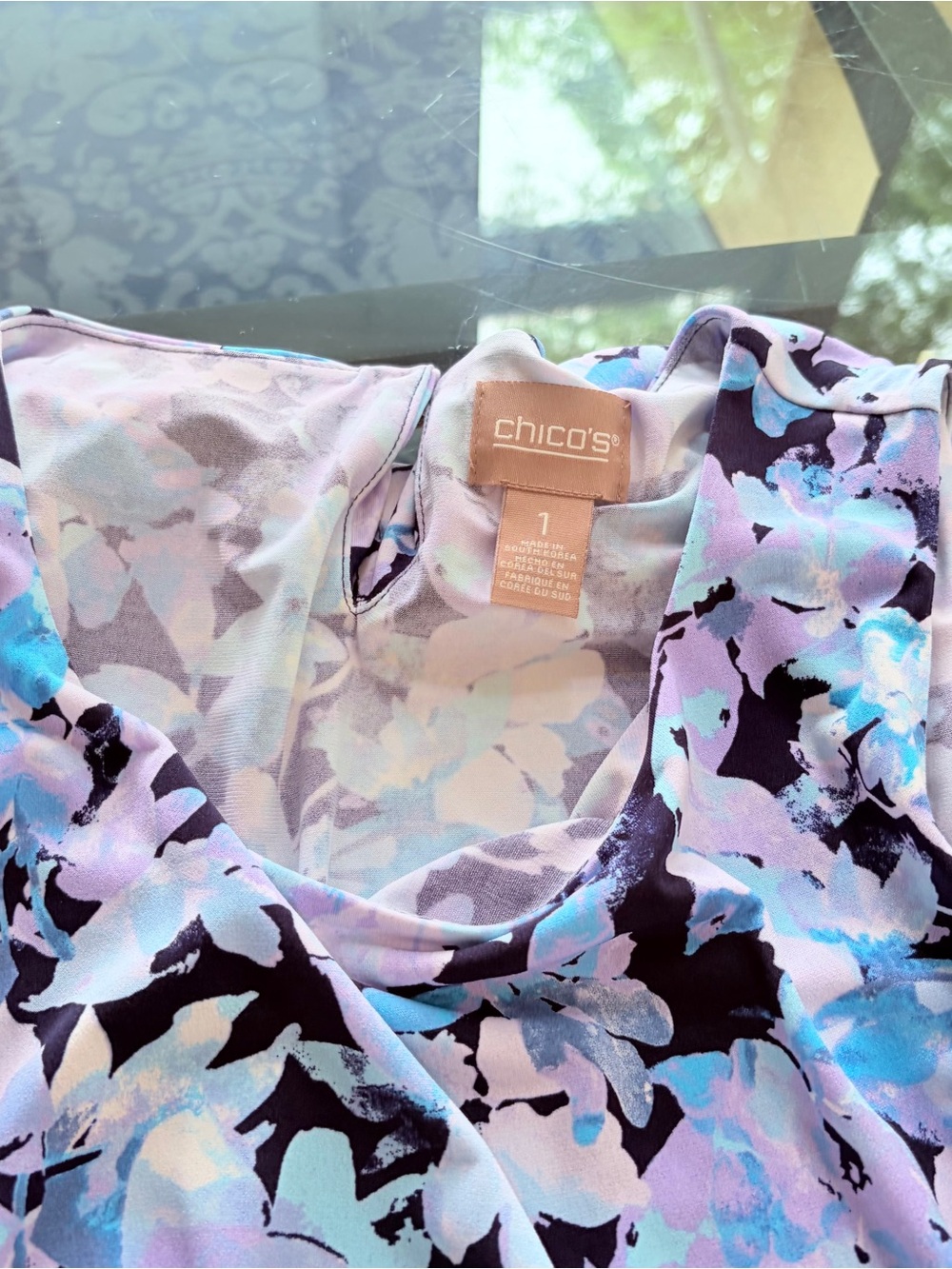 Chico's Pastel Floral Scoop-Neck Blouse in Lavender, Blue & Black Size 1